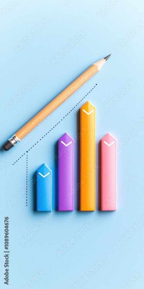 Poster a colorful bar chart illustrating data trends and growth, accompanied by a pencil. this image symbol