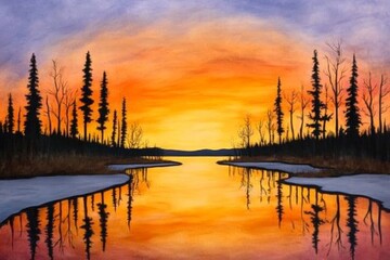 Obraz premium Alaska aurora borealis painted in vibrant watercolor hues, with reflections on a serene frozen lake
