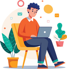 a boy is using his laptop vector