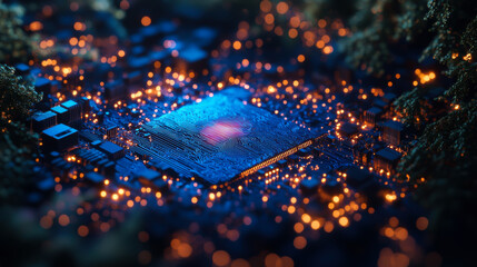 Intricate blue microchip surrounded by glowing circuits on a computer motherboard at close range
