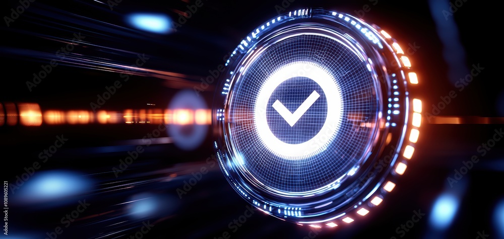 Poster check 3d minimalist concept. a dynamic illustration of a glowing checkmark symbol with vibrant light