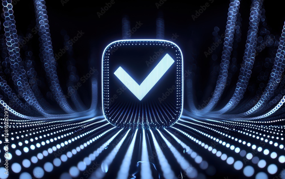 Poster check 3d minimalist concept. a futuristic digital interface featuring a glowing checkmark symbol ami