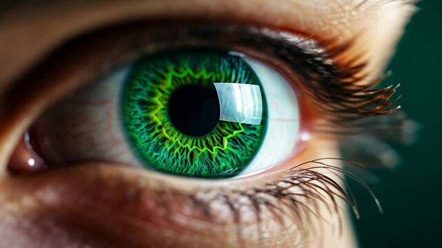 A close-up of a green human eye with detailed iris patterns, symbolizing vision and insight