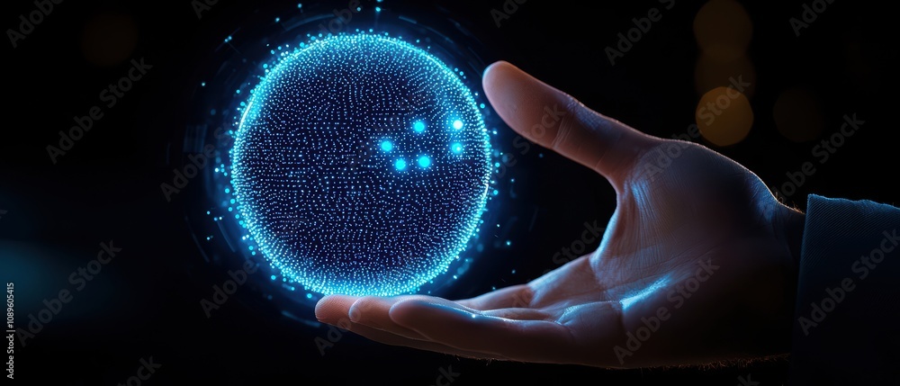 Poster a futuristic hand holding a glowing digital sphere filled with particles, symbolizing advanced techn