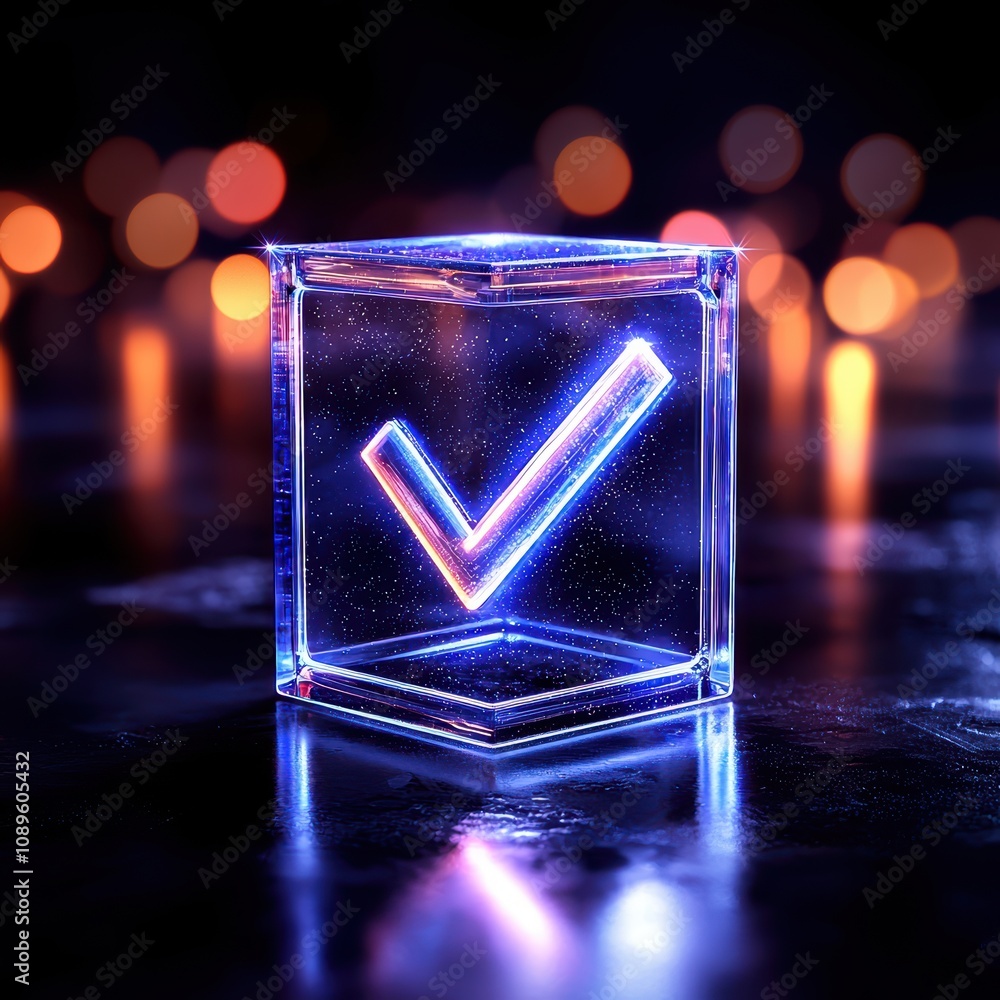 Poster check 3d minimalist concept. a futuristic illuminated checkmark inside a transparent cube, symbolizi