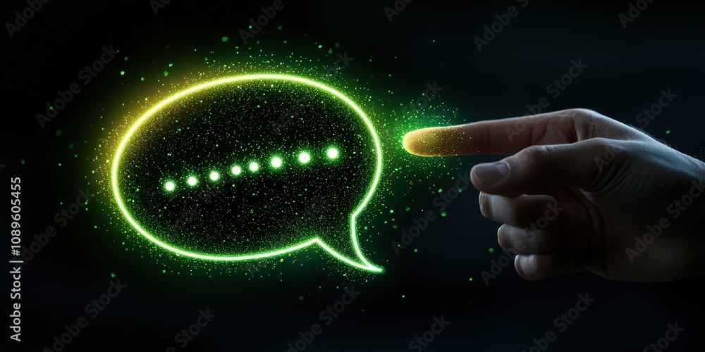 Poster a futuristic hand pointing at a glowing digital speech bubble, representing communication, interacti