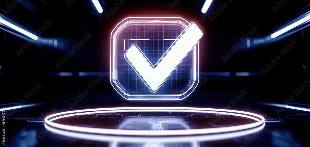 Poster check 3d minimalist concept. a futuristic neon checkmark symbol glowing in a high-tech environment, 