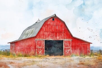 Obraz premium A classic image of a red barn standing alone in a green field, perfect for rural scenes or nostalgic themes