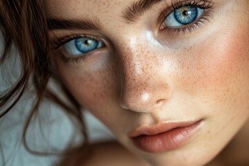 Fototapeta premium A close-up image of a woman's face featuring freckles