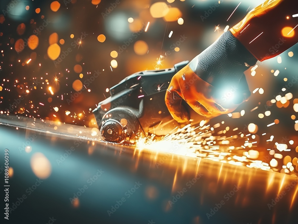 Poster worker using angle grinder creating sparks during metal processing