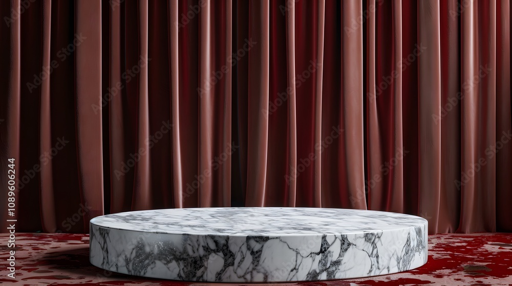 Poster elegant round marble platform on plush red carpet surrounded by rich velvet curtains in an interior 
