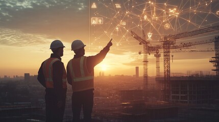 Construction engineers using innovative technology at sunset on building site