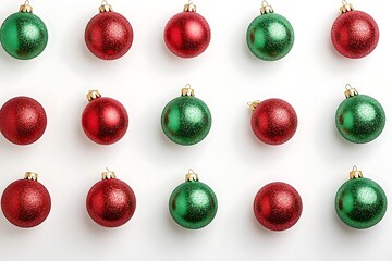 Abstract pattern of red and green Christmas baubles on a white background