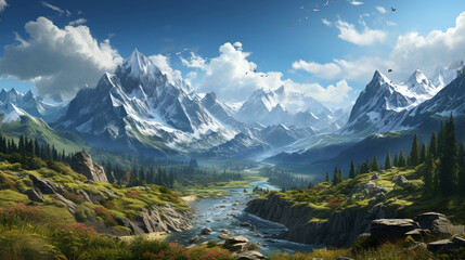 Obraz premium A fantasy art painting of mountain with a lake