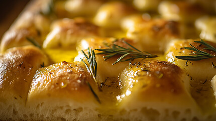 golden focaccia bread with olive oil and rosemary