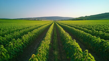 Lush Green Sunflower Field Rows Extending To Distant Hills