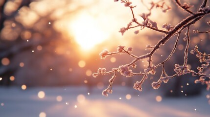 Frosty Branches Glowing In Winter Sunset Light