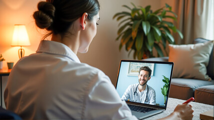 Doctor and patient connect through telemedicine consultation in a cozy home setting during daytime