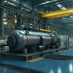 Naklejka premium Modern factory interior with advanced industrial machinery, featuring a cylindrical compressor on a metal platform, surrounded by pipelines, control panels, and polished floors