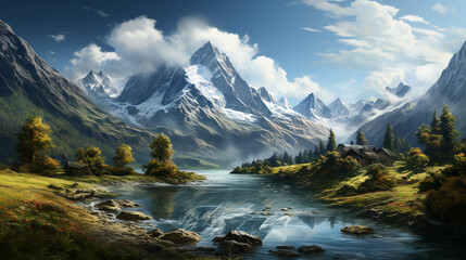 Fototapeta premium A fantasy art painting of mountain with a lake