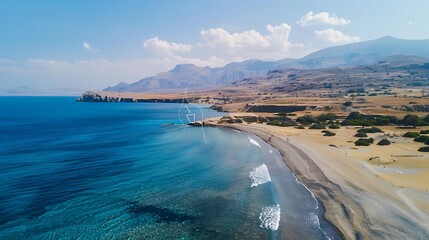 Obraz premium Aerial view of a serene beach with clear blue waters, sandy shores, and distant mountains under a bright sky.