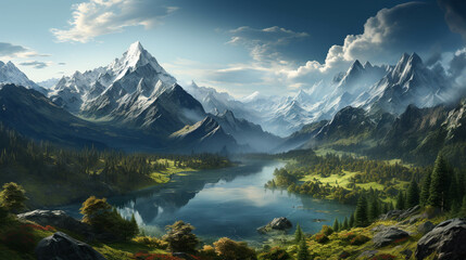 Fototapeta premium A fantasy art painting of mountain with a lake