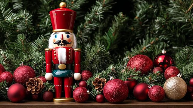 Festive nutcracker surrounded by Christmas ornaments and pine branches, symbolizing holiday traditions and decor