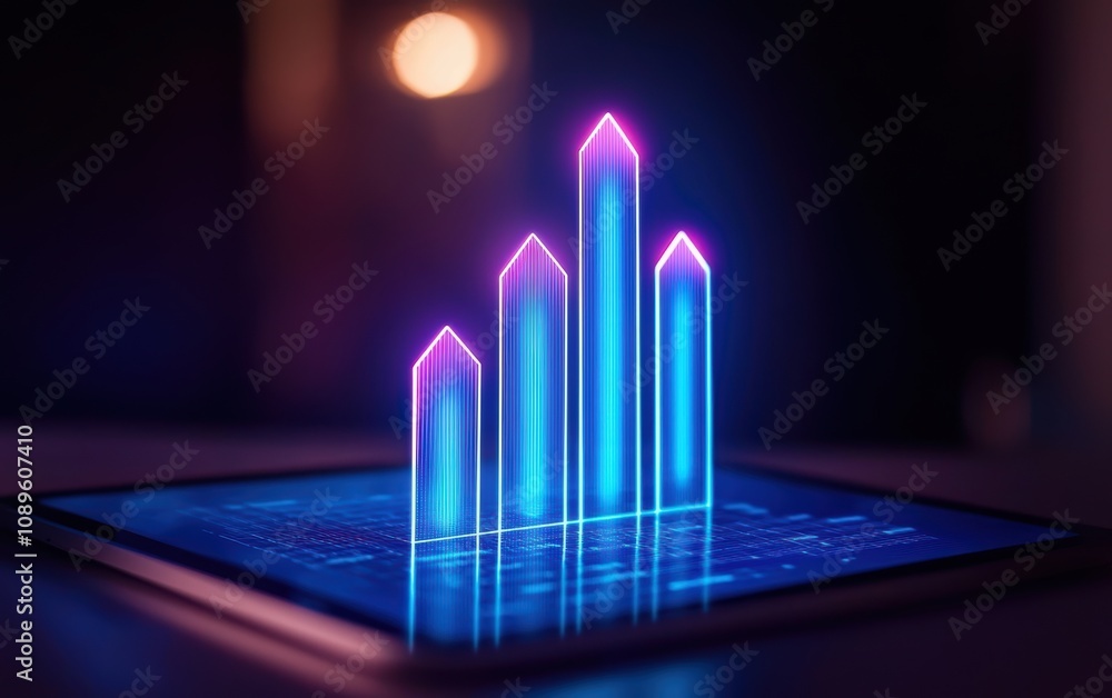 Poster a vibrant digital graph displaying increasing data trends with glowing blue and pink bars on a table