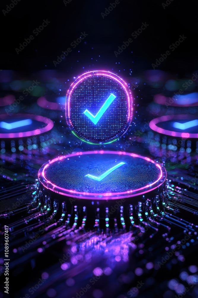 Poster check 3d minimalist concept. a vibrant digital landscape showcasing neon check marks glowing against