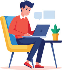 a boy is using his laptop vector