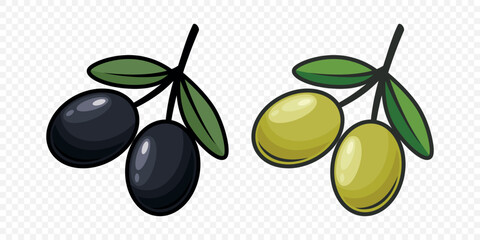 Flat Vector Green and Black Olives Outline Set. Hand-Drawn Olive Tree Berries Clipart. Olive Oil Products, Packaging, Food Design Template