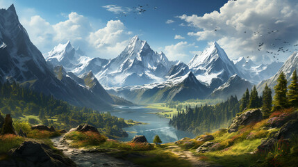 Fototapeta premium A fantasy art painting of mountain with a lake
