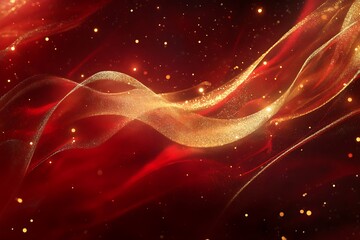 Deep red background with swirling golden ribbons and light sparkles