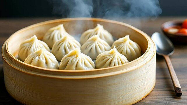 Steaming dumplings in a bamboo basket, symbolizing Chinese New Year and Asian cuisine traditions