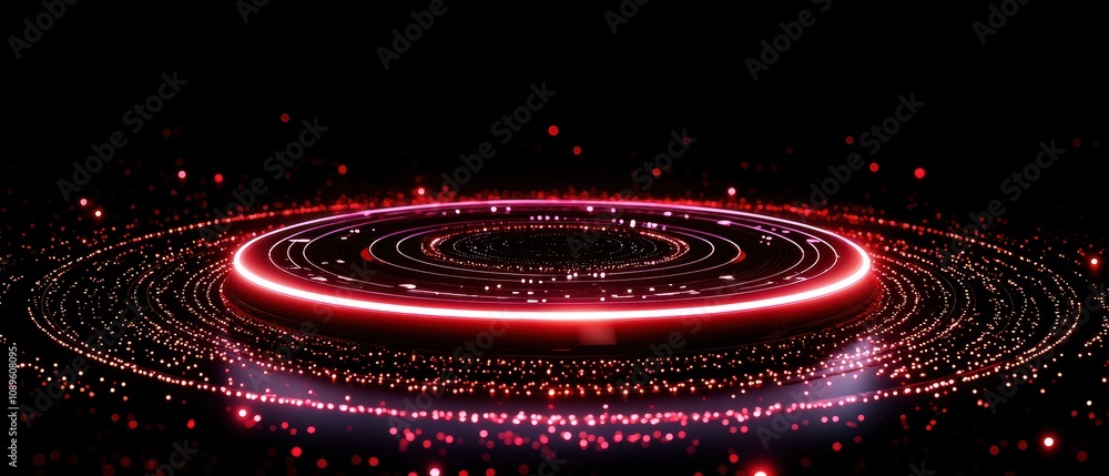 Poster abstract digital design featuring glowing circular patterns in vibrant red hues, set against a dark 