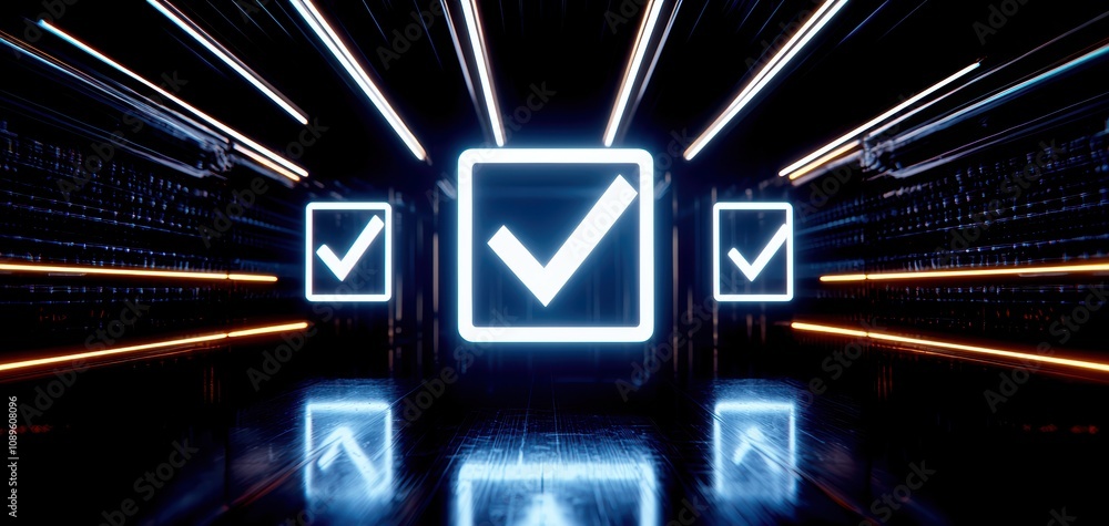 Poster check 3d minimalist concept. abstract digital artwork featuring glowing check marks against a dark b