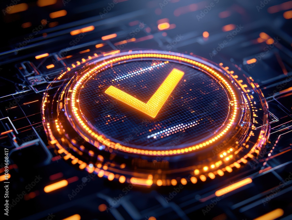 Poster check 3d minimalist concept. futuristic digital interface featuring a glowing check mark symbol. the