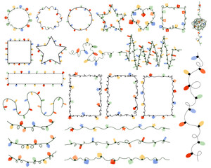 Big set of colorful garland lights in different shapes. Decoration elements for Christmas, birthday, party celebration design.