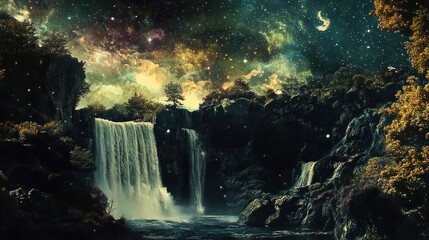 Serene Waterfall Cascading into a Mystical Galaxy, Surrounded by Enchanted Forest and Celestial Light, Creating a Dreamlike Landscape of Nature and Universe