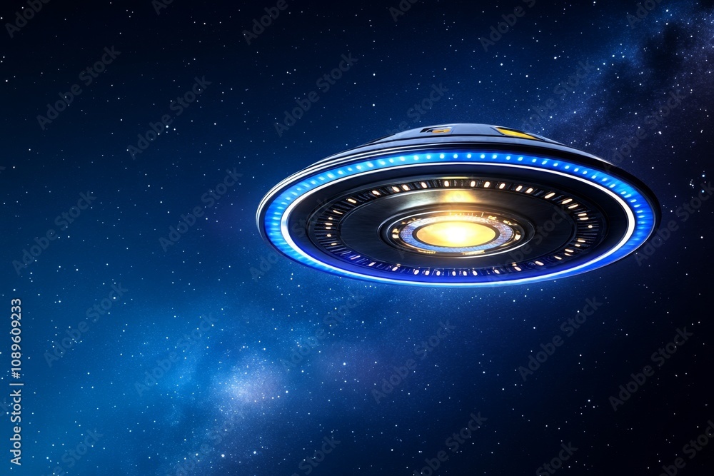 Aufkleber Alien spacecraft as a clean, circular shape with a glowing center hovering over a solid color background
