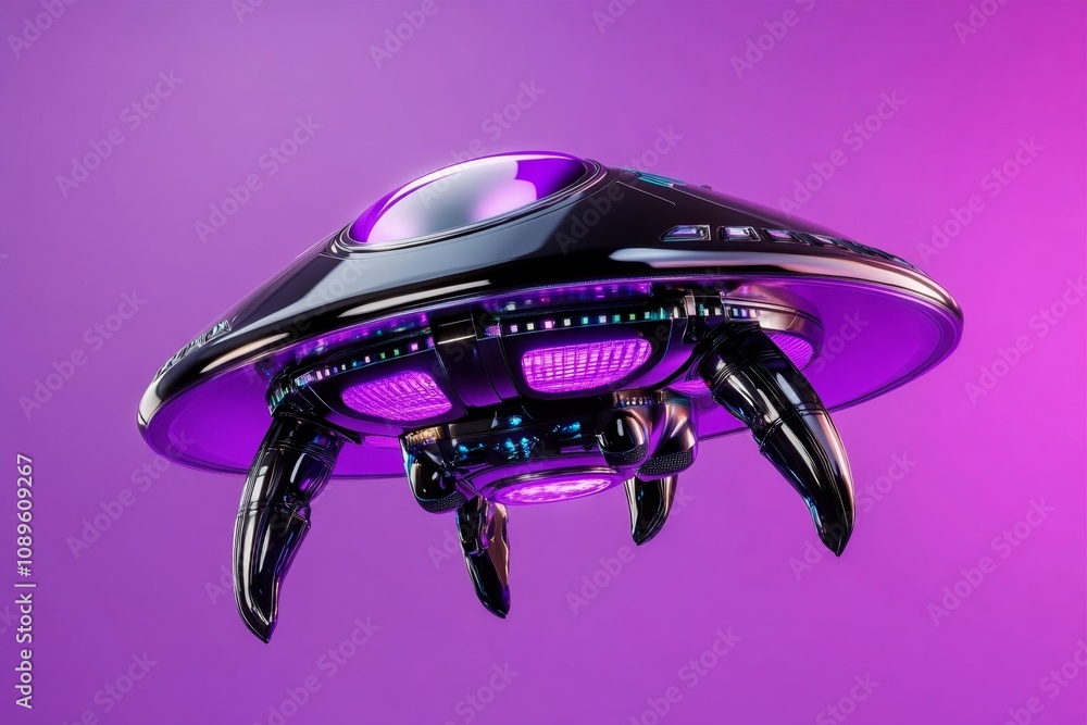 Aufkleber alien spacecraft as a clean, circular shape with a glowing center hovering over a solid color backgr