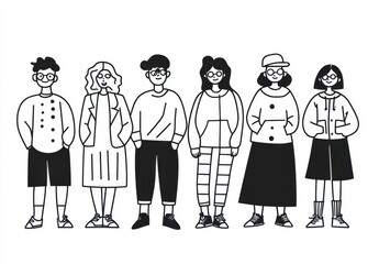 A group of people standing next to each other line art, simple details, white background, minimalist style, single continuous stroke lines, hand-drawn style, black and thick outline Generative AI