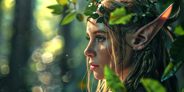 Charming elf with pointed ears in a mystical forest, 4K . Video