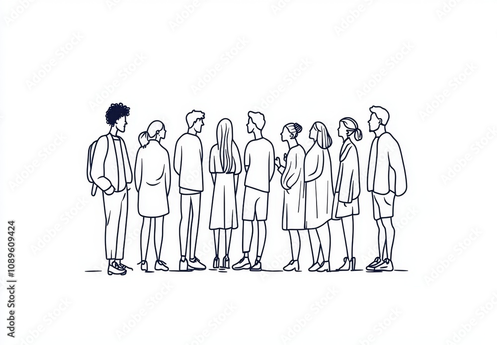 Poster one line drawing of people standing in a group, a simple illustration on a white background with a m
