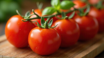 Vibrant red tomatoes on a wooden board, fresh basil leaves, ripe, healthy food, close-up, detailed texture. Generative, AI,

