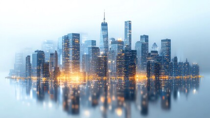 Obraz premium New York City skyline at night with illuminated skyscrapers on an isolated white background. Concept of cityscape and urban design template