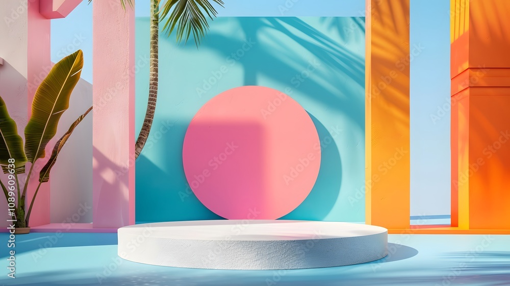 Poster Bright and Colorful Minimalist Display with Geometric Shapes and Tropical Elements in Modern Indoor Space for Creative Presentations and Backgrounds