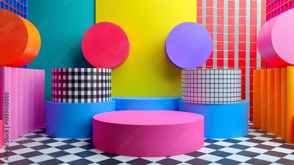 Poster Vibrant Geometric Composition with Bold Shapes and Colors in a Studio Setting Featuring Colorful Cylinders, Circular Forms, and Checkered Patterns