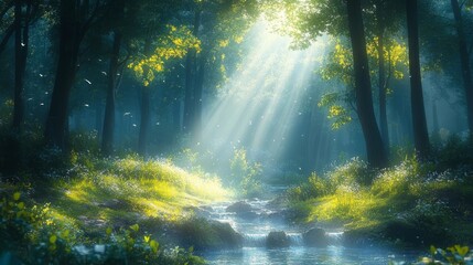 Obraz premium Sunbeams Illuminate Mystical Forest Stream