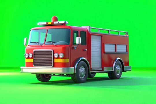 High-energy animation loop of a cartoon fire engine speeding on a green screen.